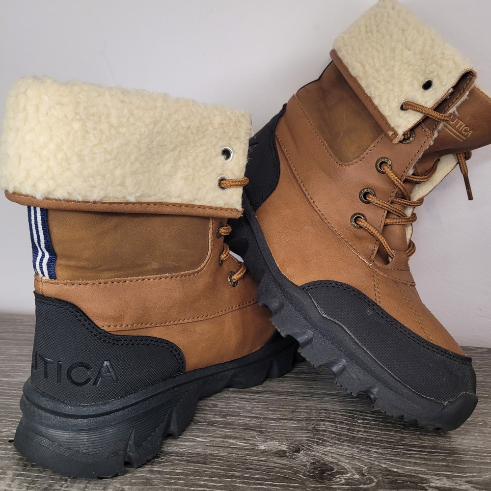 Nautica Indus Winter Snow Boots Brown Tan Faux Shearling Lined Duck Kids Sz  2